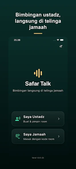 Layar utama Safar Talk untuk memilih peran ustadz atau jamaah