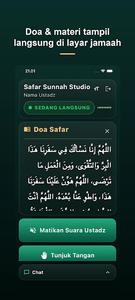 Layar jamaah Safar Talk yang menampilkan doa dan materi dari pembimbing